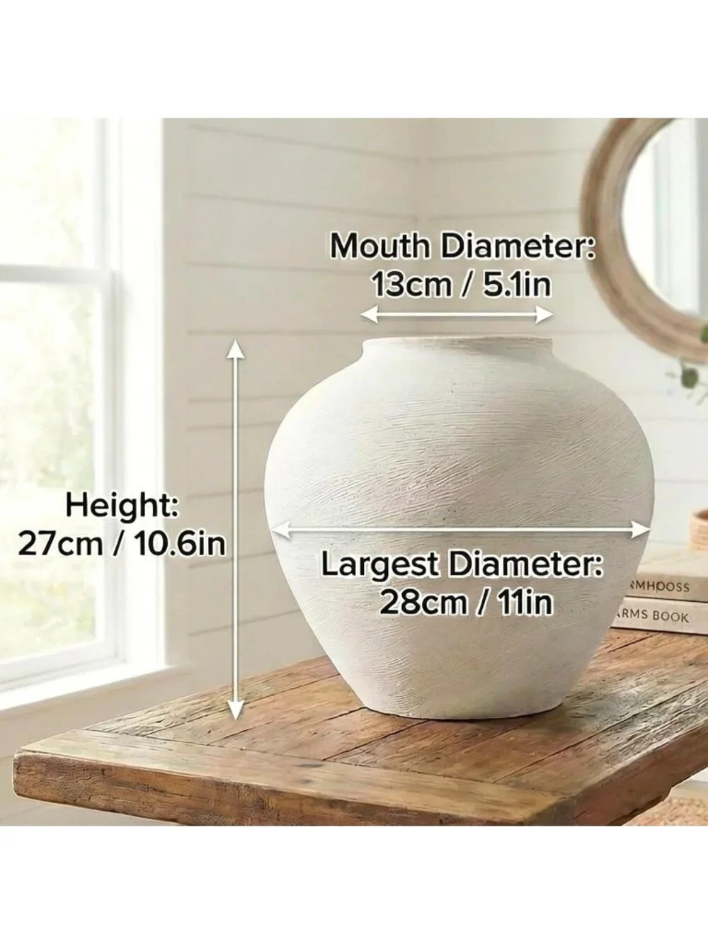 11 Wide Large White Vase Centerpieces Textured Stone Look Rustic Farmhouse Decor